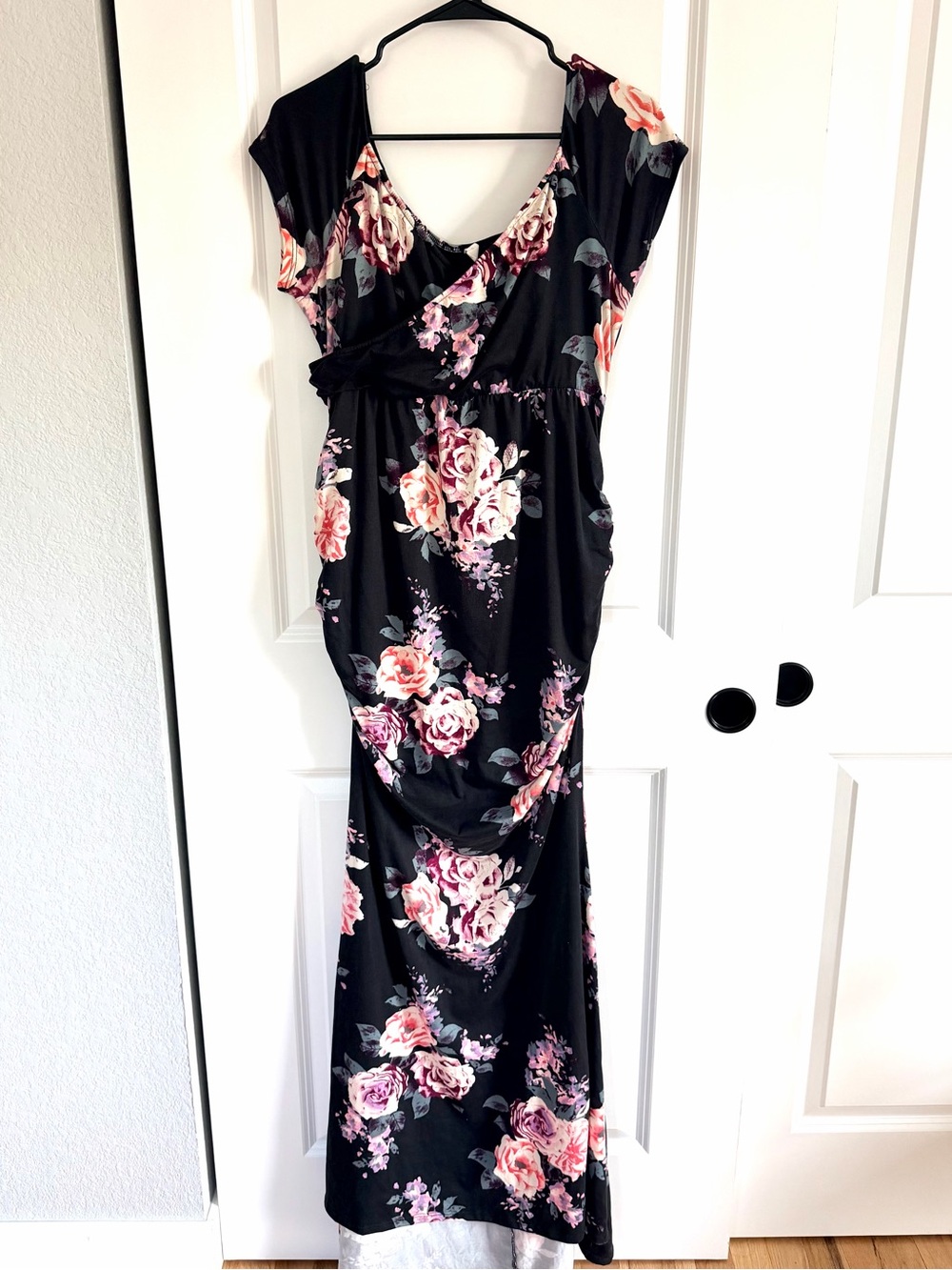Pinkblush Black Maxi Maternity Dress with Pink Rose Floral Pattern